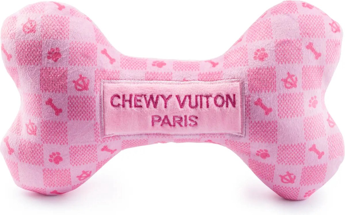 Pink Chewy Vuiton Bone Squeaker hondenspeeltje L