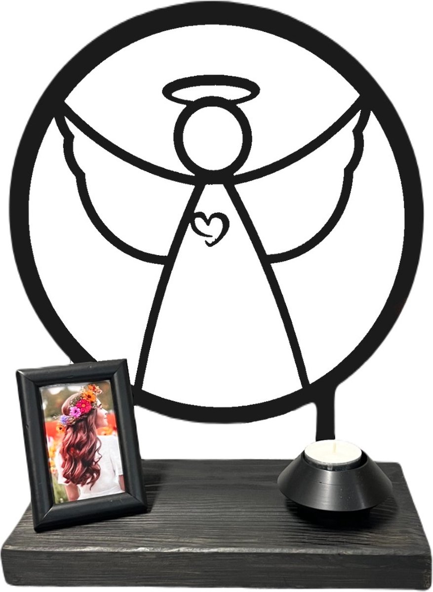 Mini urn engel - 2 mm gecoat staal (zwart) - massief houten sokkel