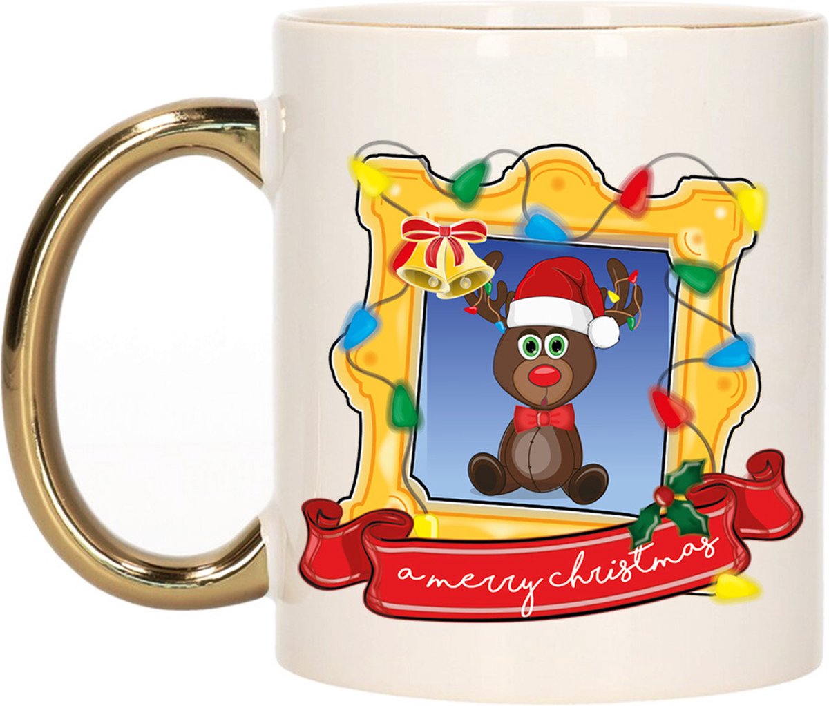 Bellatio Decorations Kerst cadeau koffiemok - kerst rendier - goud - 300 ml - keramiek