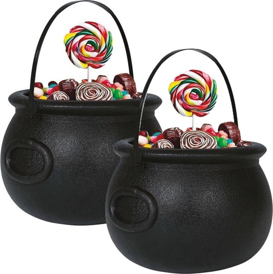 Fiestas Guirca Trick or treat snoep emmertje - 2x - heksenketel - zwart - 16 x 20 cm - Halloween snoepjes ophalen