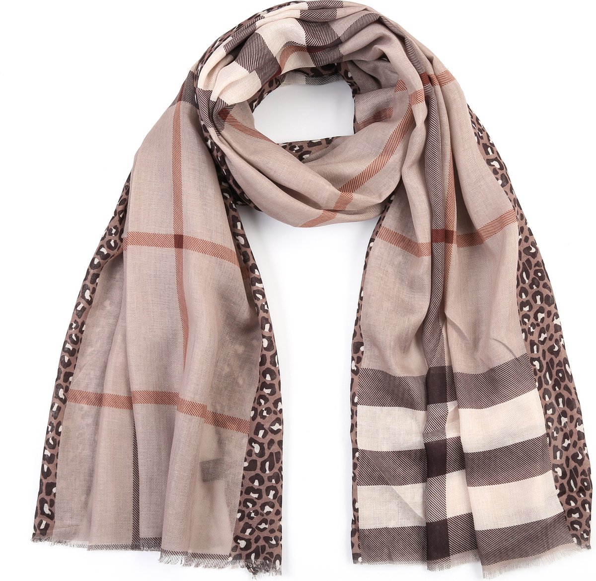 Sunset Fashion - Damessjaal met klassiek patroon en panterprint - Beige