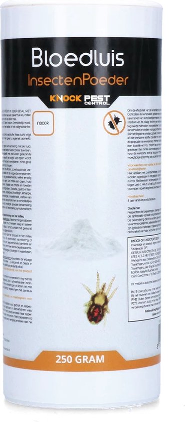 Een pot Knock Pest Control Bloedluis Insectenpoeder, 250 gram, met op de voorkant een afbeelding van een bloedluis.
