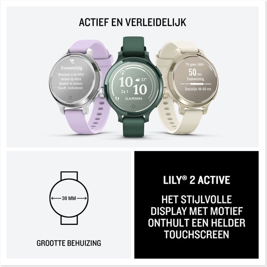 Garmin Lily 2 Active smartwatches in paars, groen en beige. De behuizing is 38 mm.