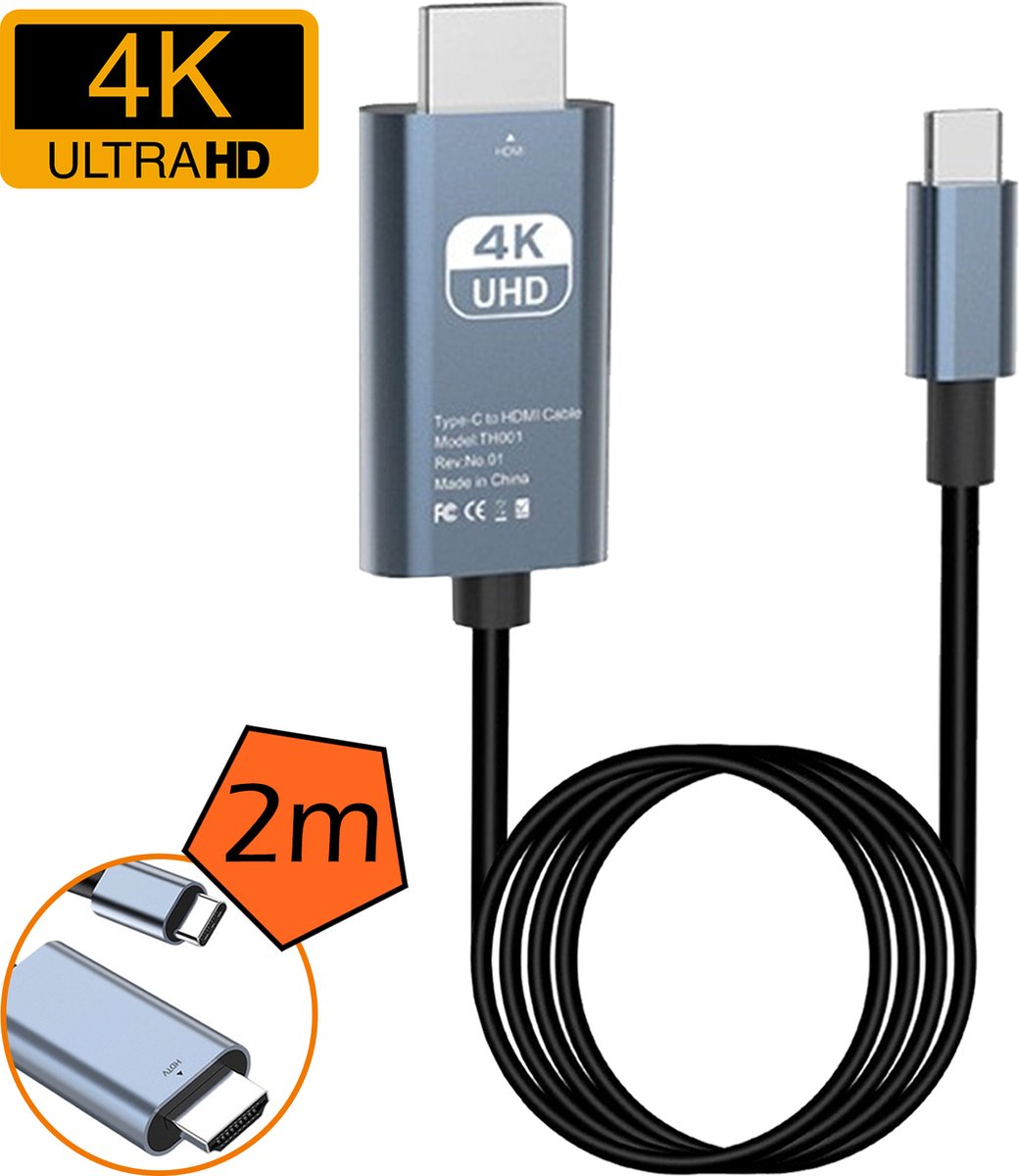 USB C naar HDMI Kabel Adapter 4K 30Hz - USB-C naar HDMI Adapter Converter - 2 meter - Zwart