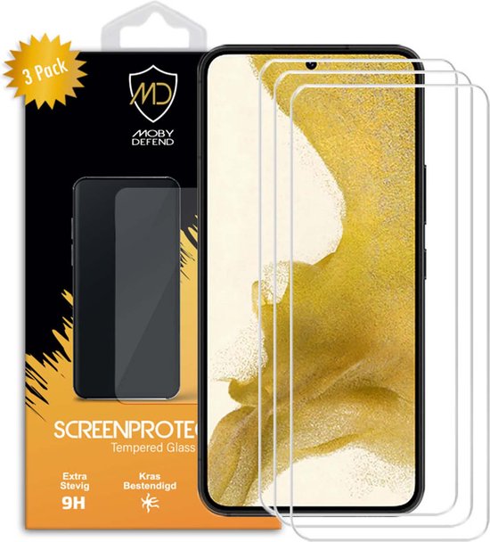 MobyDefend 3-pack screenprotectors voor Samsung Galaxy S22, met de tekst '3 Pack', 'SCREENPROTECTOR Tempered Glass', 'Extra Stevig 9H', 'Kras Bestendig' en 'Easy Touch'.