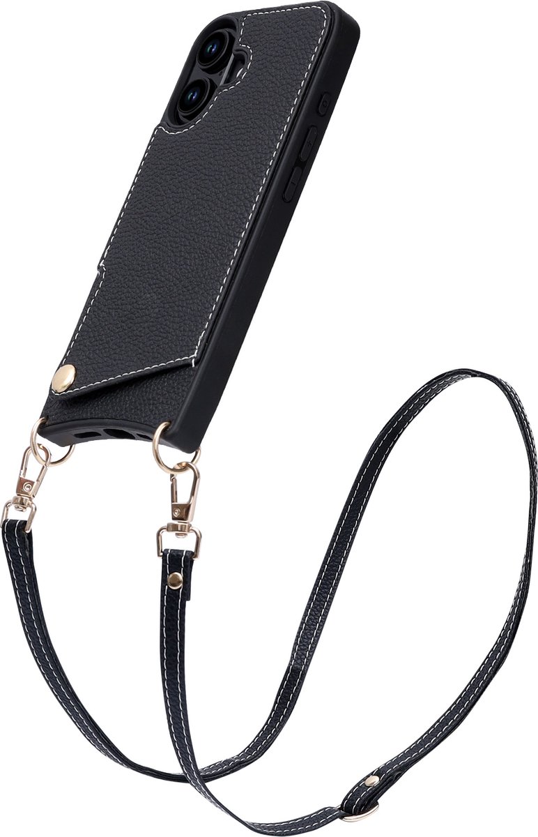 Casemania Hoesje Geschikt voor Apple iPhone 16 Plus - Back Cover met Draagkoord - Pasjeshouder Hoes met Bandje - Crossbody Telefoonhoesje - Lanyard Case - Zwart