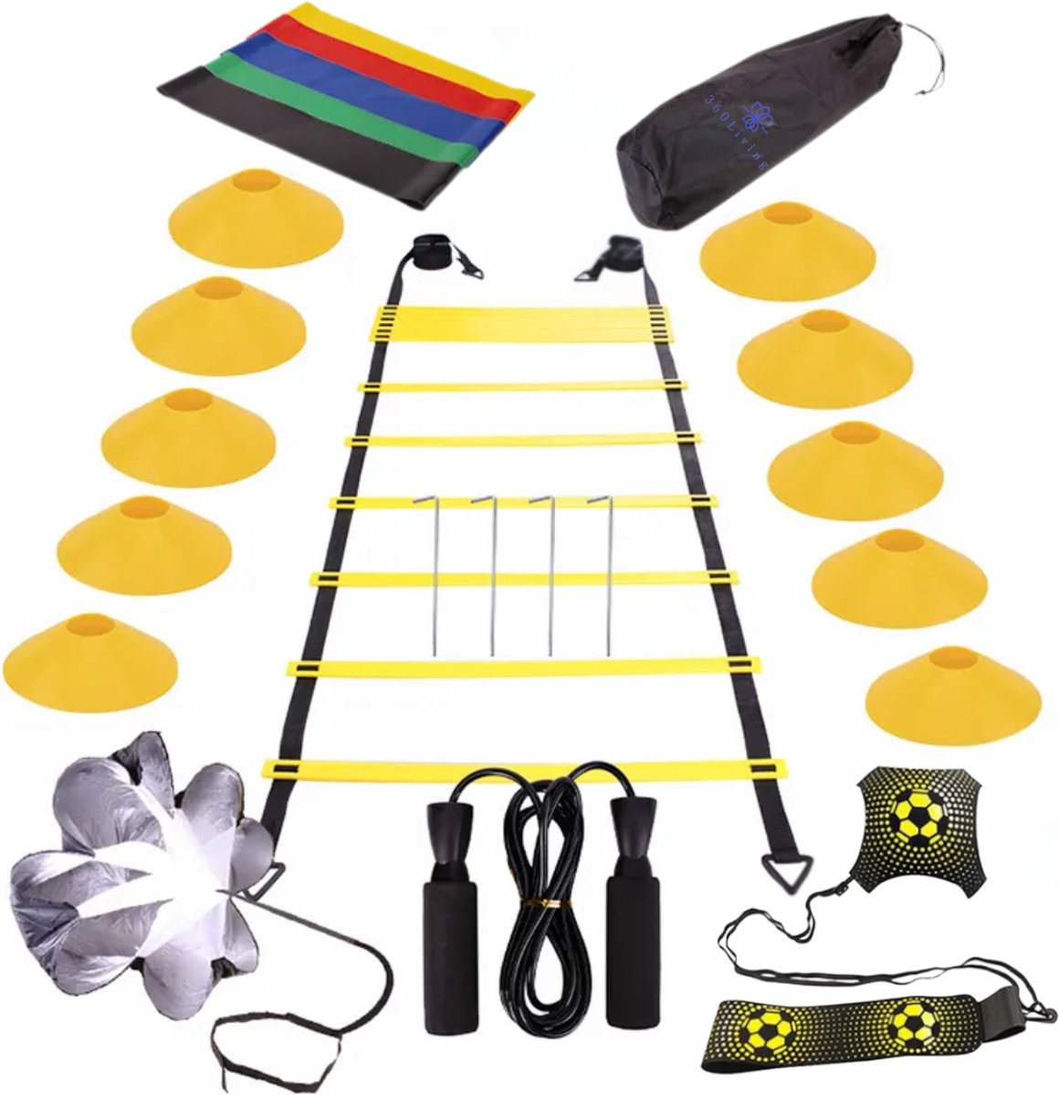360 Living® - Voetbal Trainingsmateriaal - Voetbal Spullen - Trainingshoedjes - Speedladder - Weerstandsparachute - Voetbal kick trainer - Springtouw en Weerstandsbanden - Incl. Draagtas