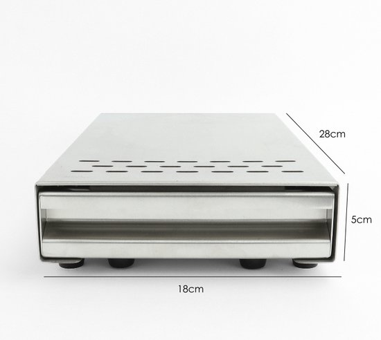 Zilverkleurige uitklaplade van geborsteld staal met afmetingen 18 cm breed, 28 cm diep en 5 cm hoog.