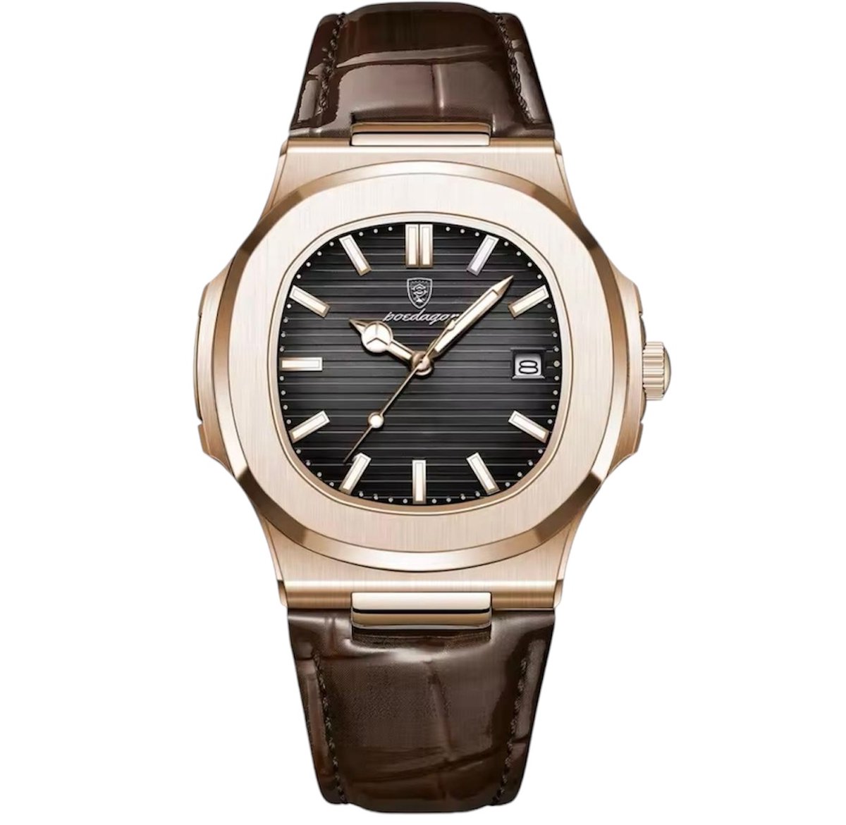 Luxe Herenhorloge - Leren Band - Polshorloge - Heren - Cadeau - Horloge - Geschenkdoos - Mannen - Rosé Zwart - Polsband Bruin