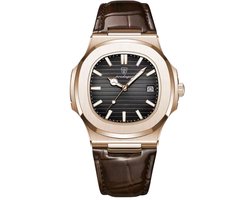 Poedagar - Leren Band - Polshorloge - Heren - Horloge - Horlogedoos - Mannen - Rosé & Zwart - Polsband Bruin