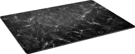 Planche à découper avec un motif marbre gris foncé, photographiée en perspective.
