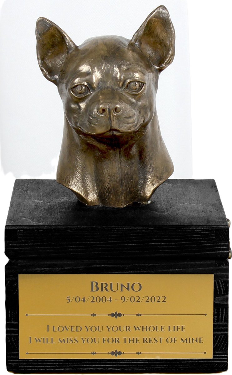 Chihuahua urn hond met gravure en hondensculptuur, handgemaakt kunstwerk