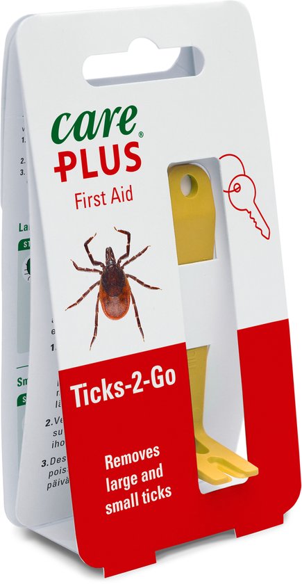 Gele tekenverwijderaar met sleutel symbool op witte en rode verpakking met de tekst 'Ticks-2-Go'.