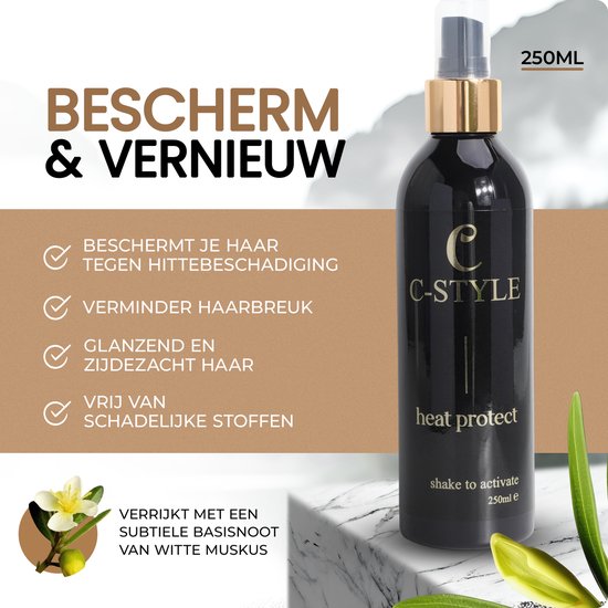 Fles C-STYLE heat protect spray naast een bloem en blad. Tekst: Bescherm & Vernieuw, 250ML.