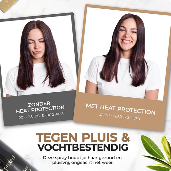 Voor-en-na foto's van een vrouw met dof, pluizig haar en dezelfde vrouw met zacht, glad, pluisvrij haar na gebruik.