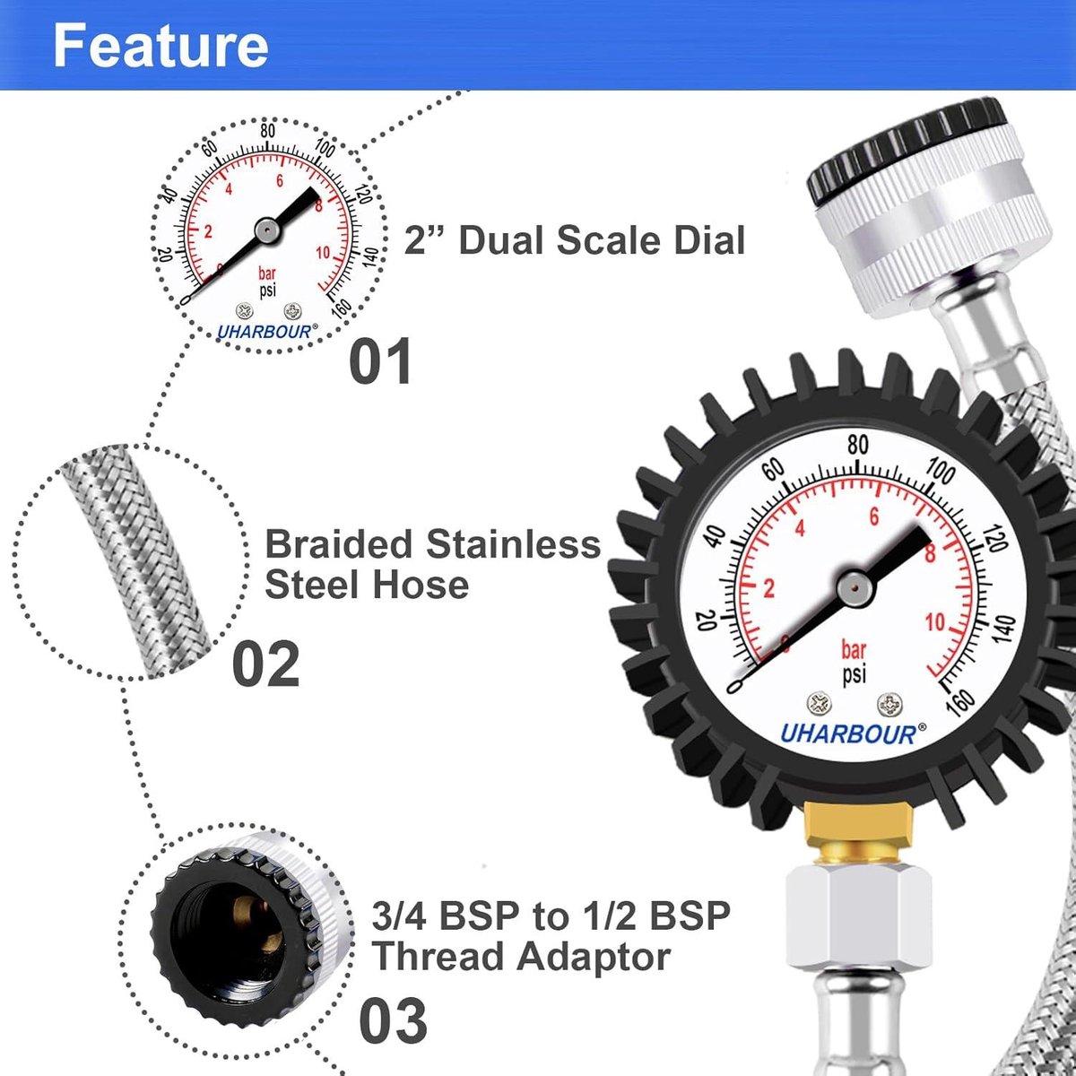 Waterdrukmeter, 11 bar, 30 cm slang 3/4 1/2, YT-24790