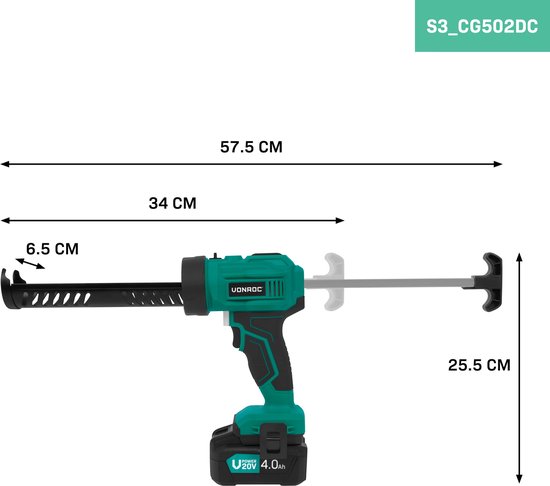 Turquoise en zwarte accusproeier met afmetingen.