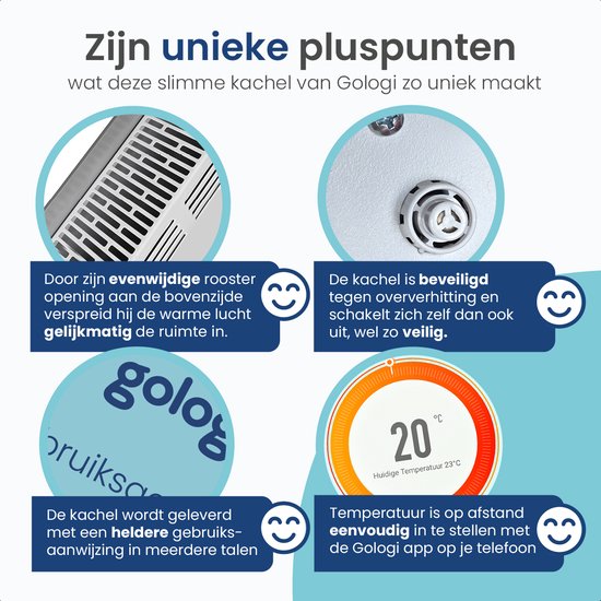 Gologi Elektrische Kachel - Verwarming elektrisch - Convectorkachel met thermostaat - Werkt via App en touch bediening - Tot 25m2 - 2000W Heater - Wit