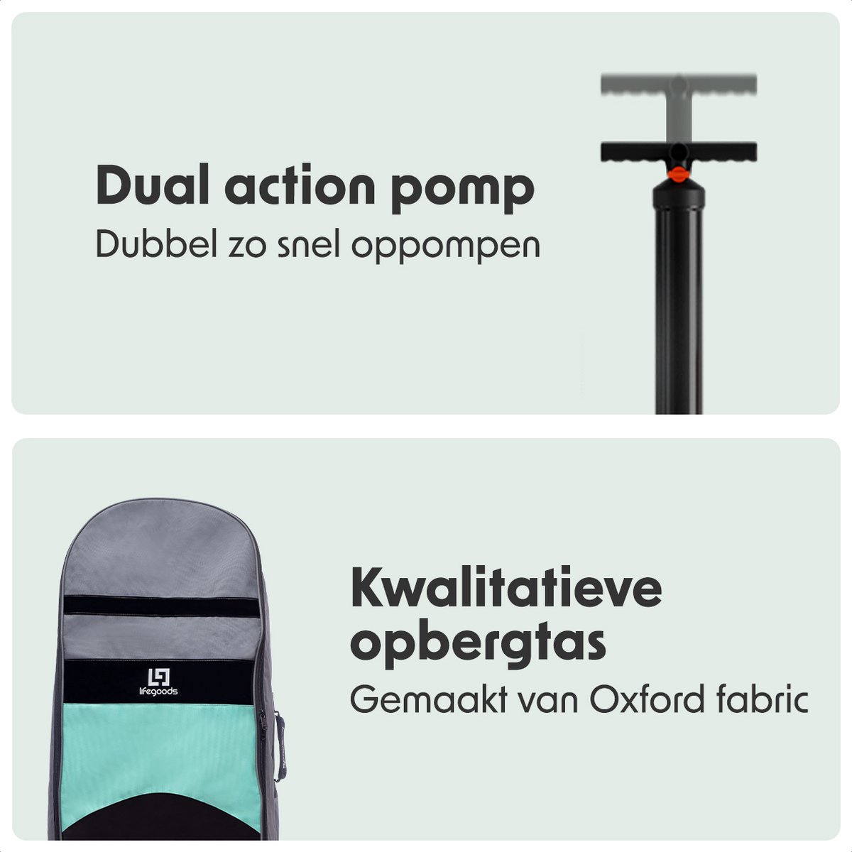 LifeGoods PaddlePro SUP Board - Opblaasbaar Paddle Board - Complete Set - Max. 150KG - 320x81cm - Mintgroen/Zwart – foto 5