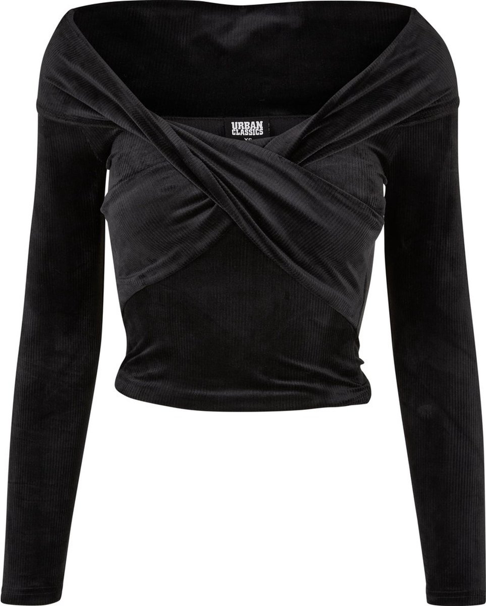 Urban Classics Velvet Rib Crossed Off shoulder top L Zwart
