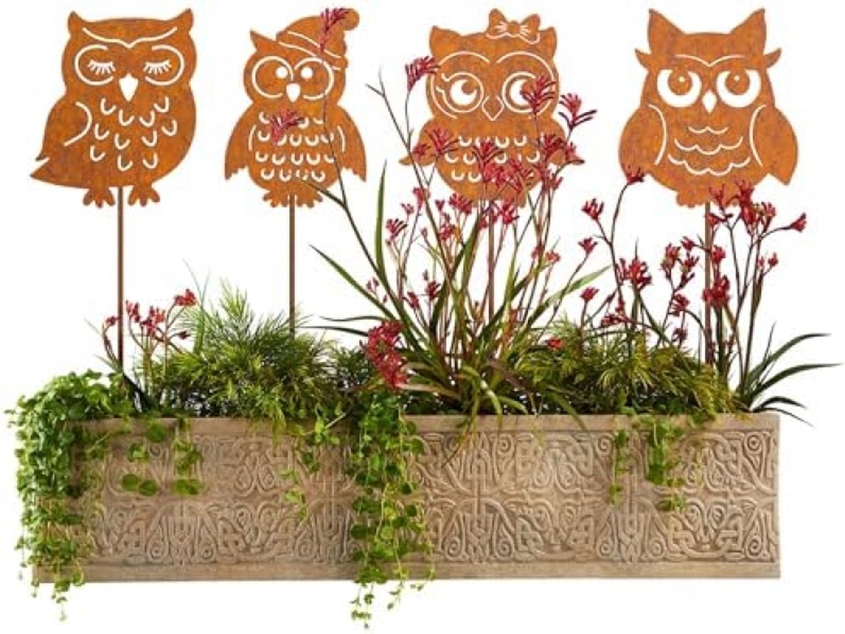 4 Décorations De Jardin Métal Rouillé - Hérisson, Hibou, écureuil, Champignon, Environ 25cm, Pour Massifs Et Pots