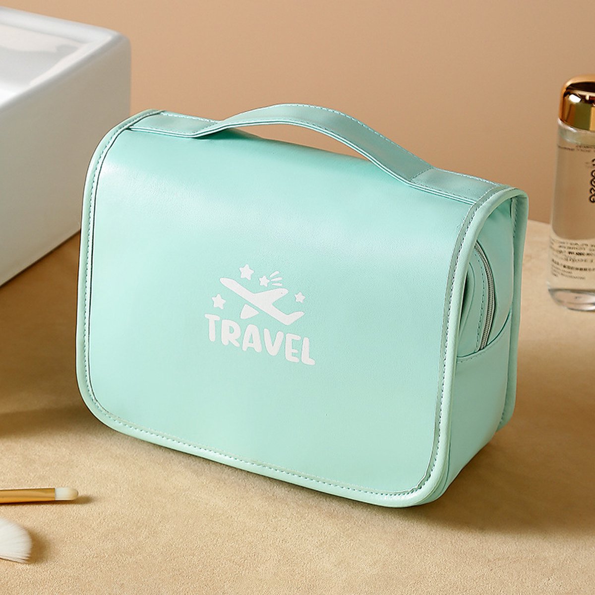 Toilettas Ophangbaar, Make-Up Tasje met Haak, Make Up Koffer, Reistas, Beautycase, Toilettas Dames, Make Up Tas Organizer, Make Up Etui, Reistas, Beautycase Koffer, Toilettas voor op Reis met Draaggreep en Haak, PU-LEER, Waterdicht, 41x24x8 CM, GROEN