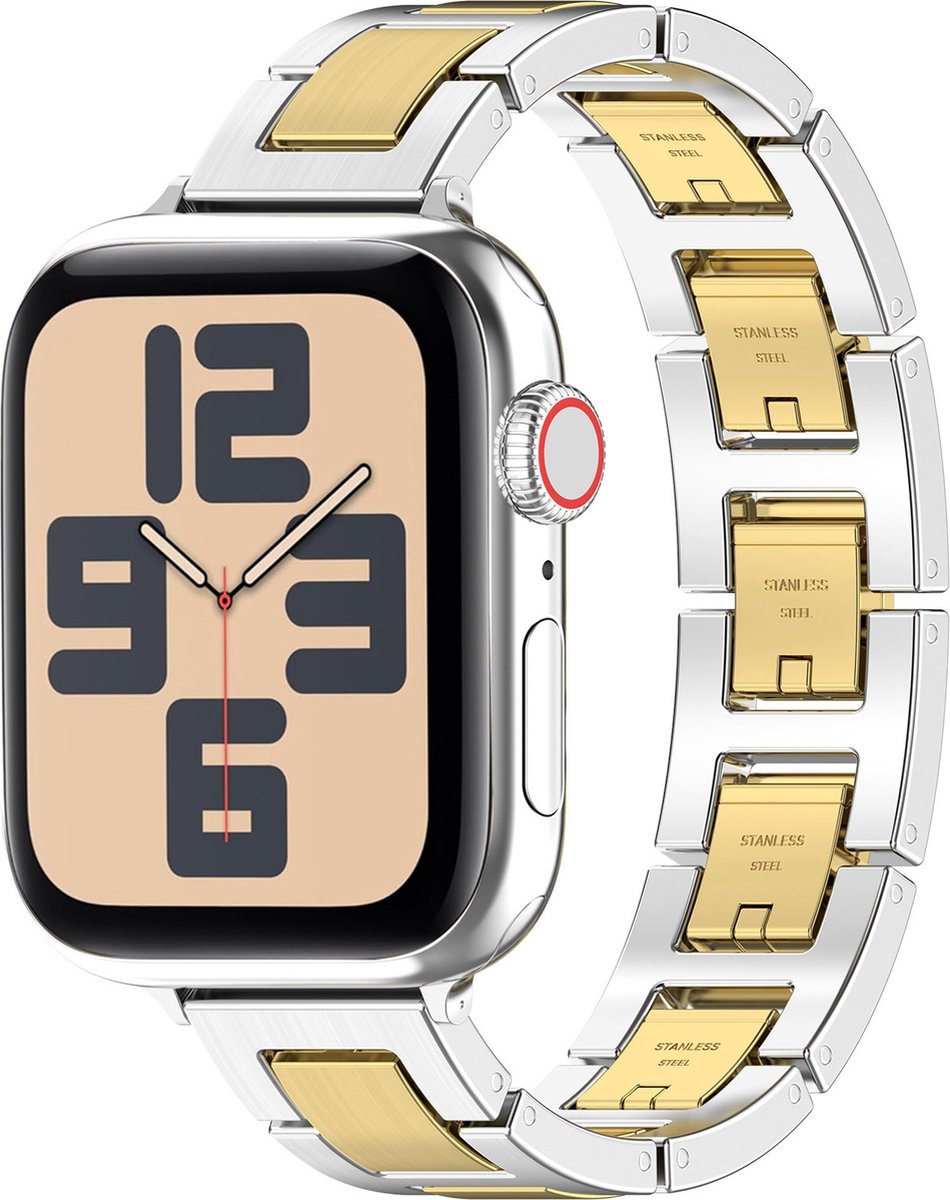 By Qubix - Slim Stainless steel quick-release band (small) - Zilver met goud - Geschikt voor Apple watch 44mm / 45mm / 46mm / 49mm (Ultra 1,2 en 3)
