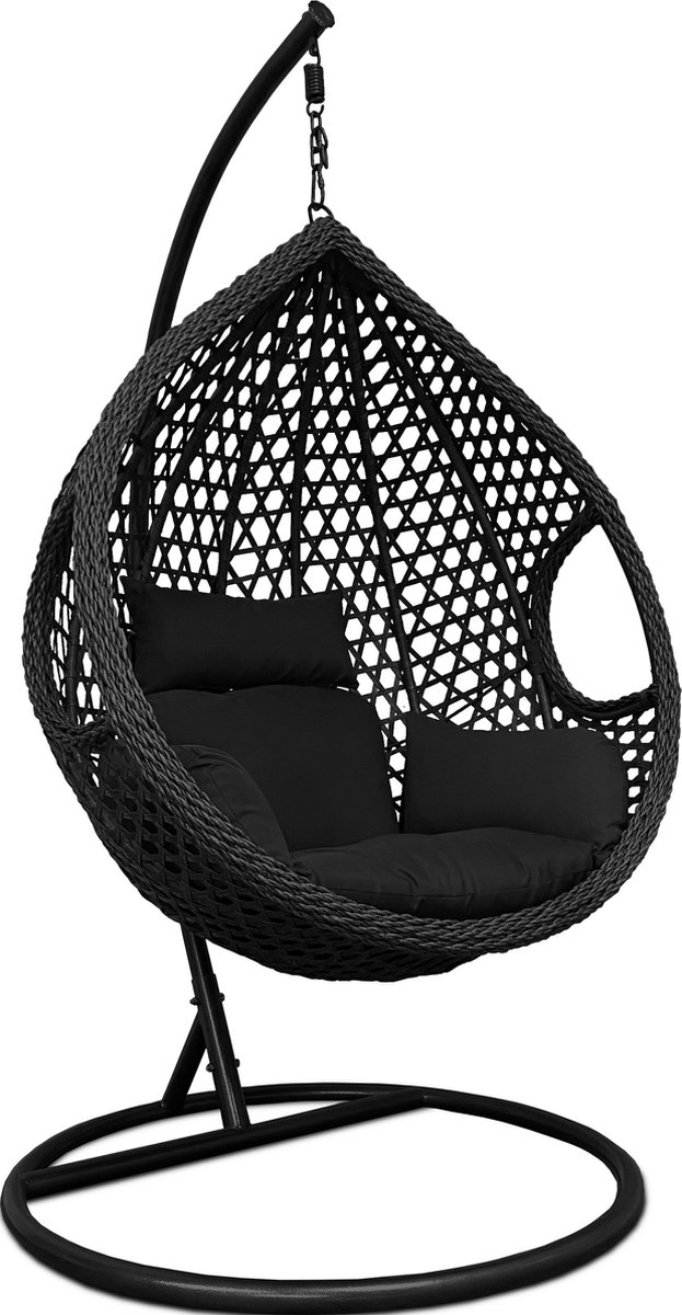 Rijoka Hangstoel Eggy Rope Schommelstoel – Luxe Rattan – Zwart - XLarge - Voor personen 2.20m Max.