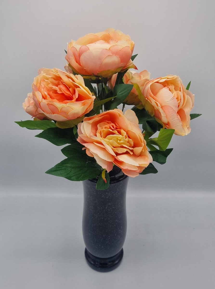 Boeket - Pioenroos - U086-m3 - 40cm - Zalm - 7 bloemen - Grafdecoratie - Zijdenbloemen - Kunstbloemen
