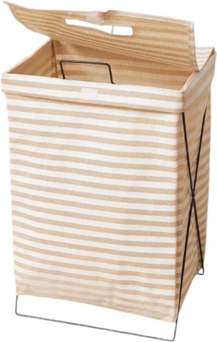 Goedkoopste Gestreepte Katoenen Wasmand met IJzeren Frame en Deksel - Inklapbare Wasmand - 36 cm x 28 cm x 59 cm