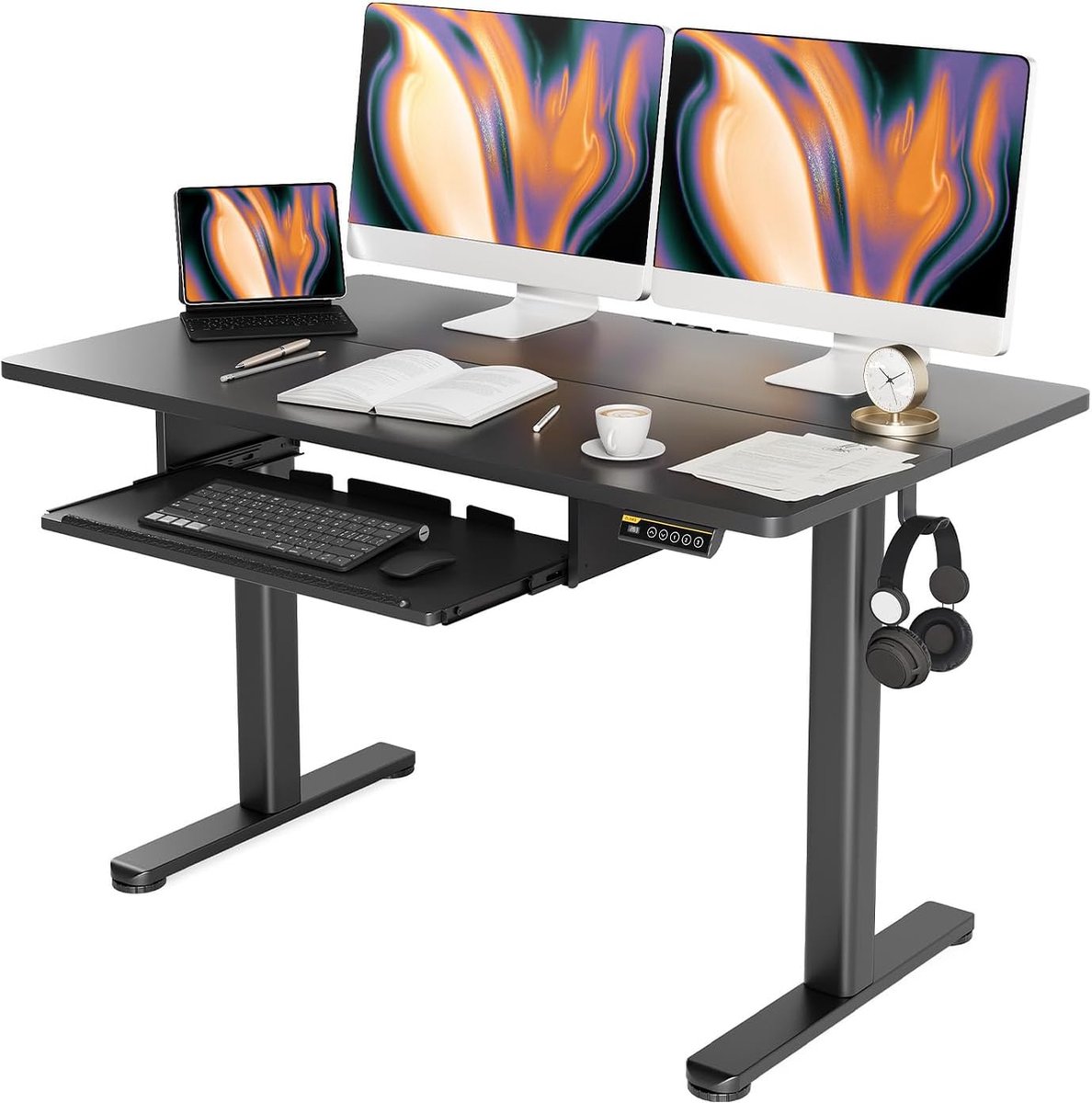 Goodivery ® Elektrisch Verstelbaar Bureau met Geheugenfunctie en Toetsenbordlade, 120 x 60 cm, Zwart