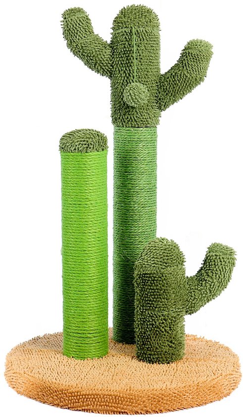 Een groene cactus krabpaal met drie stammen op een bruine basis, op een witte achtergrond.