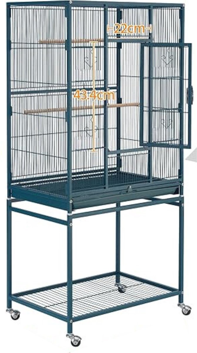 Papegaaienkooi – Parkietenkooi Op Voet & Wieltjes – Grote Vogelkooi Voor Binnen – Vogel Speelgoed - Voliere – 62x43x136 Cm - Blauw