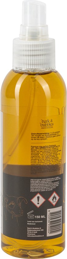 Bark & Bubbles parfum spray 150 ml met Patchouly geur. Gouden vloeistof in doorzichtige sprayfles.