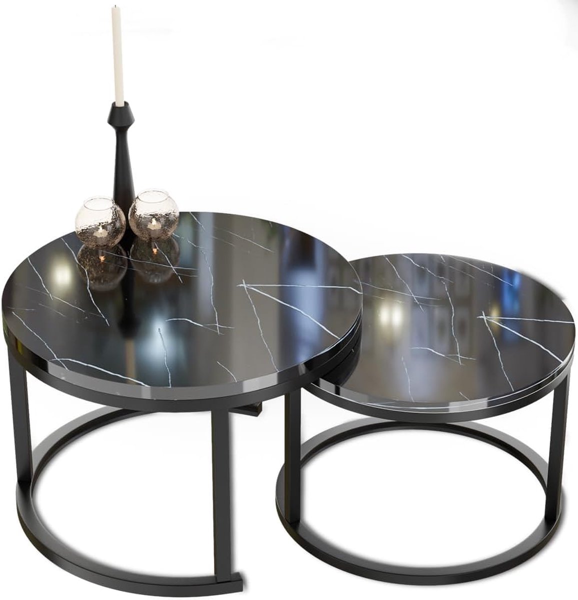 Goodivery ® New Salontafel, rond, marmer, set van 2, ronde banktafel in zwart marmerlook met zwart metalen frame, moderne tafel voor woonkamer, slaapkamer en balkon, Ø 70, Ø 50