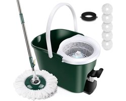 Myiosus Dweilmop Set met Emmer, Mop and Bucket Set met 128 cm Roestvrij Staal, Telescoopsteel en Voetpedaal, Dweilsysteem voor Vloerreiniging, met 5 Dweilkoppen en 1 Borstelkop