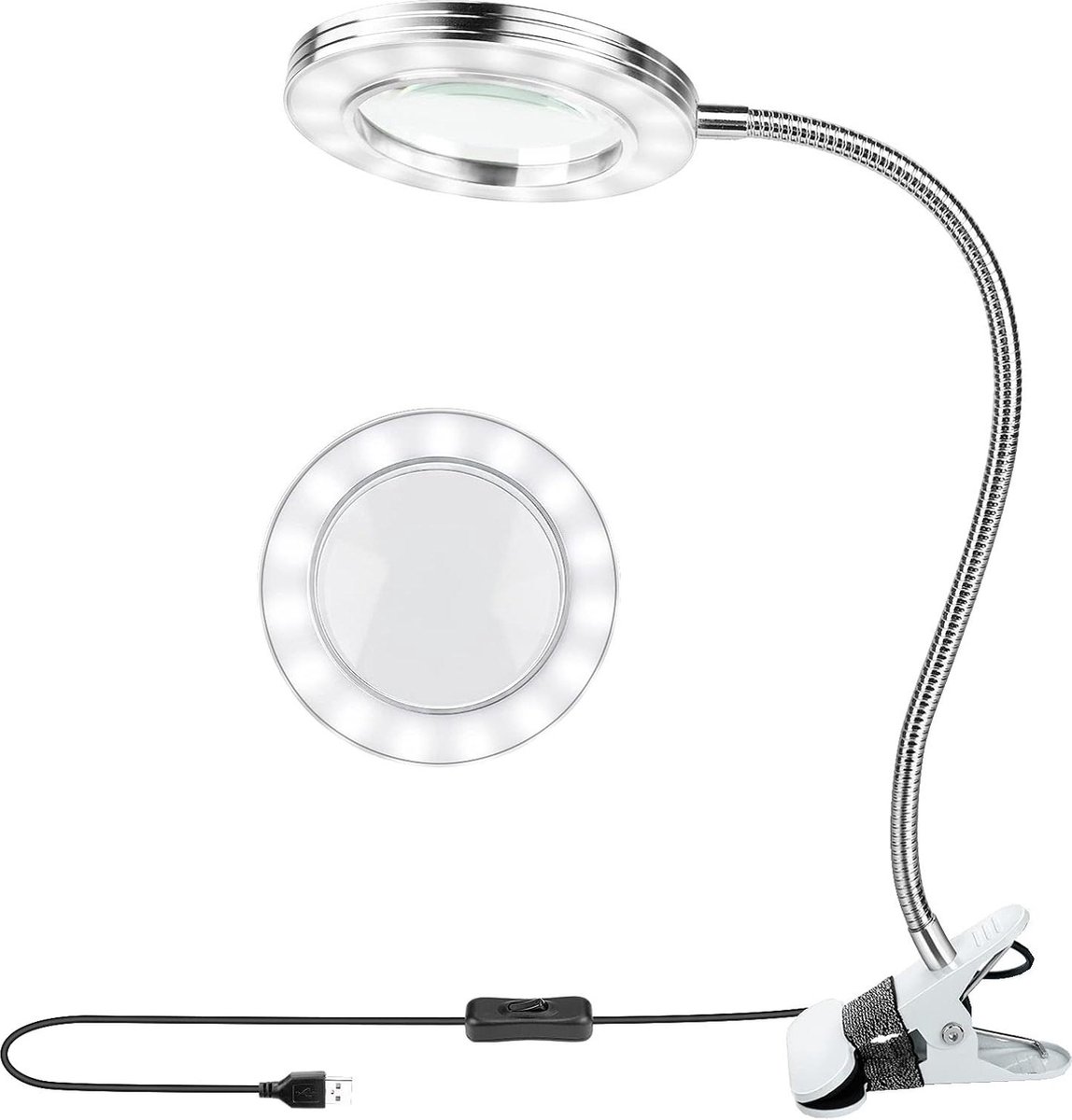 8x vergrootlicht LED vergrootglas 360° flexibele bureaulamp met metalen klem USB-voeding voor hobby's lezen kunstenaar ambachten werkbank dicht werken
