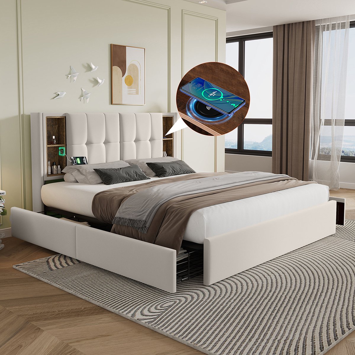 KOMHTOM Tweepersoonsbed 160x200cm Volwassenen Bed met 4 lades fluwelen Beige