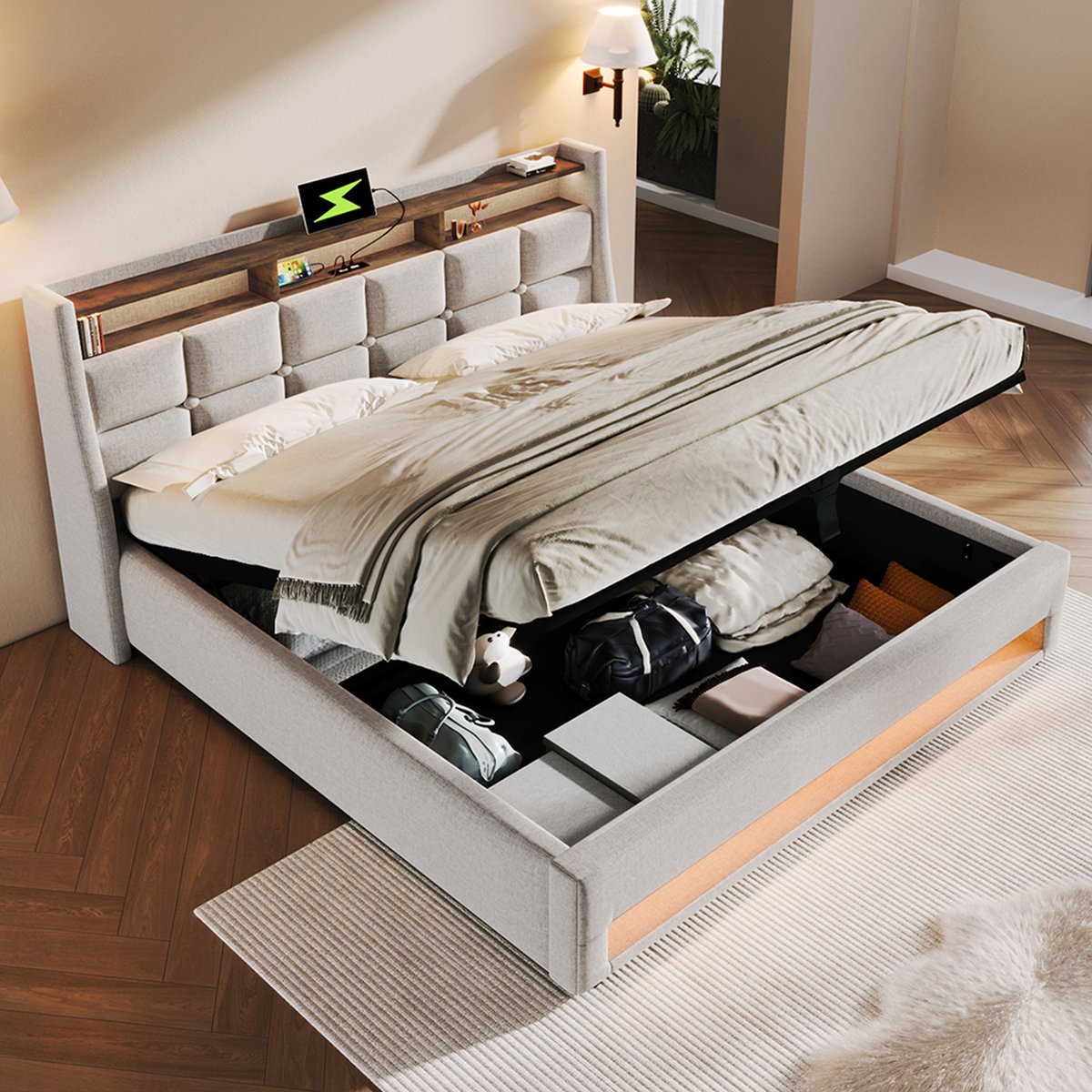 KOMHTOM Tweepersoonsbed Bed volwassenen Gestoffeerd met USB LED bed met metalen lattenbodem 180x200 cm Beige