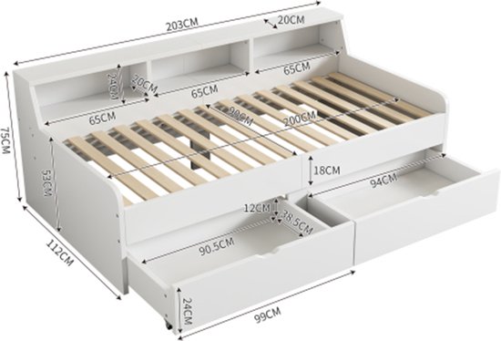 KOMHTOM Lit enfant 90x200 cm Lit de repos avec deux tiroirs et rangement blanc