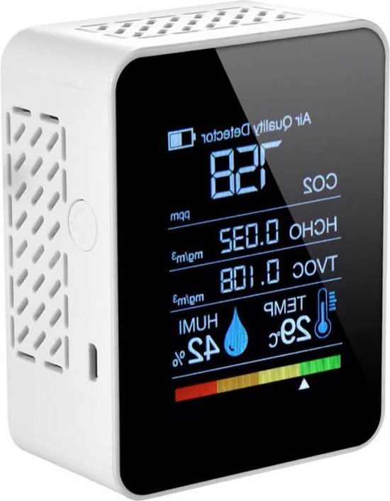 CO2 Meter 5-in-1 luchtkwaliteitsmelder TVOC HCHO-monitor digitale temperatuur-vochtigheidssensor tester kleurrijk display voor thuiskantoor sportschool - wit
