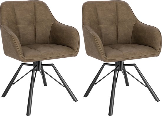 KTN® - Eetkamerstoelen set van 2 - 360 Graden Draaibare Zitting - Rugleuning - Armleuning - Fauteuil - Woonkamerstoelen - Kuipstoelen - Leer - Kunstleer - Gewatteerde Zitting - Metalen Poten - Donkerbruin - Bruin