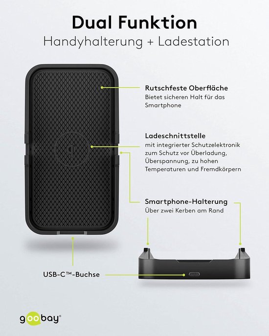 Gedetailleerd overzicht van de GooBay autohouder en ladestation met USB-C poort, antislip oppervlak en smartphone sleuven.