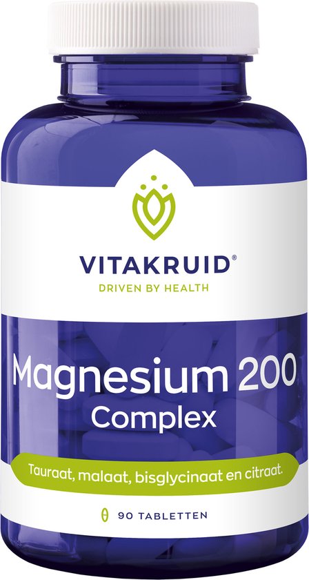 Blauwe pot met een wit deksel, etiket met "Vitakruid Magnesium 200 Complex" en "90 Tabletten".