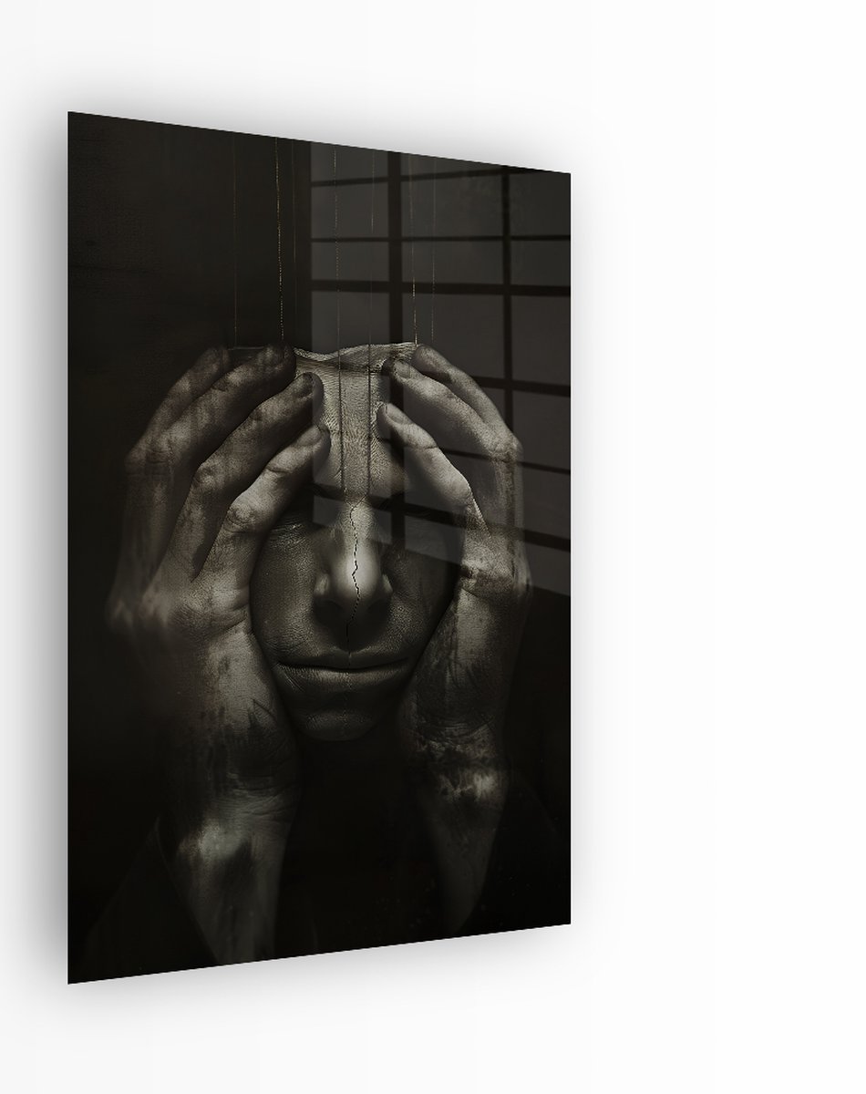 Indoorart Glasschilderij Emotional Mask 40x60 CM - Afbeelding op plexiglas - Inclusief montagemateriaal zwart, wit