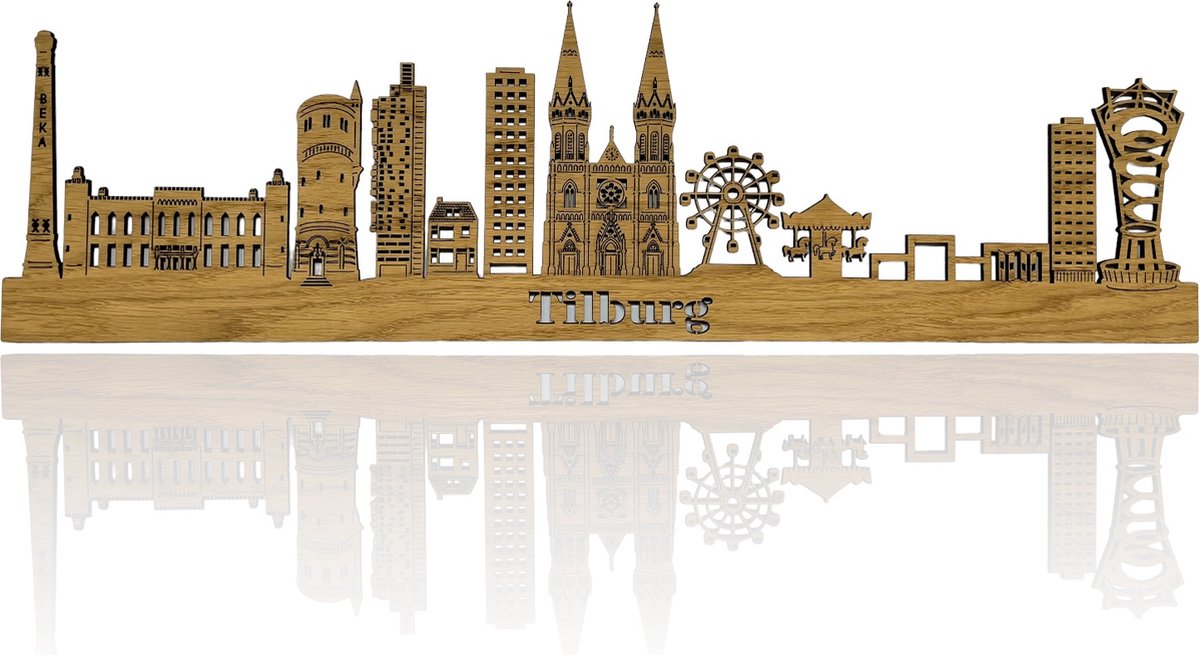 Skyline van Tilburg - Eikenhout - 110cm - Wanddecoratie van hout