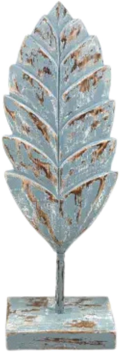 Blad/veer carving M op voet 46x16x9cm zee blauw hout| WA7977 | Woodart | Stoer & Sober Woonstijl