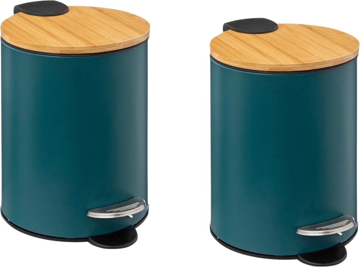 Goedkoopste IBBO® - 2x Luxe pedaalemmer - Prullenbak - 3 L - bamboo - Afvalemmer - Soft Close Deksel bamboo - Chique Design - Afvalzak Inkeping - Vuilnisbak Badkamer- 2 Stuks - Groen en hout