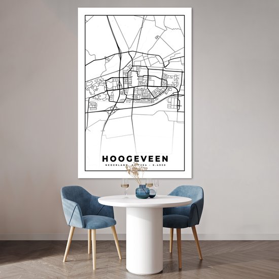 Affiche Carte - Hoogeveen - Zwart - Wit - 120x180 cm XXL