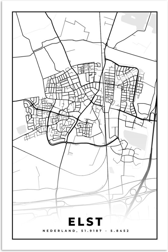 Poster Carte - Elst - Zwart - Wit - 80x120 cm